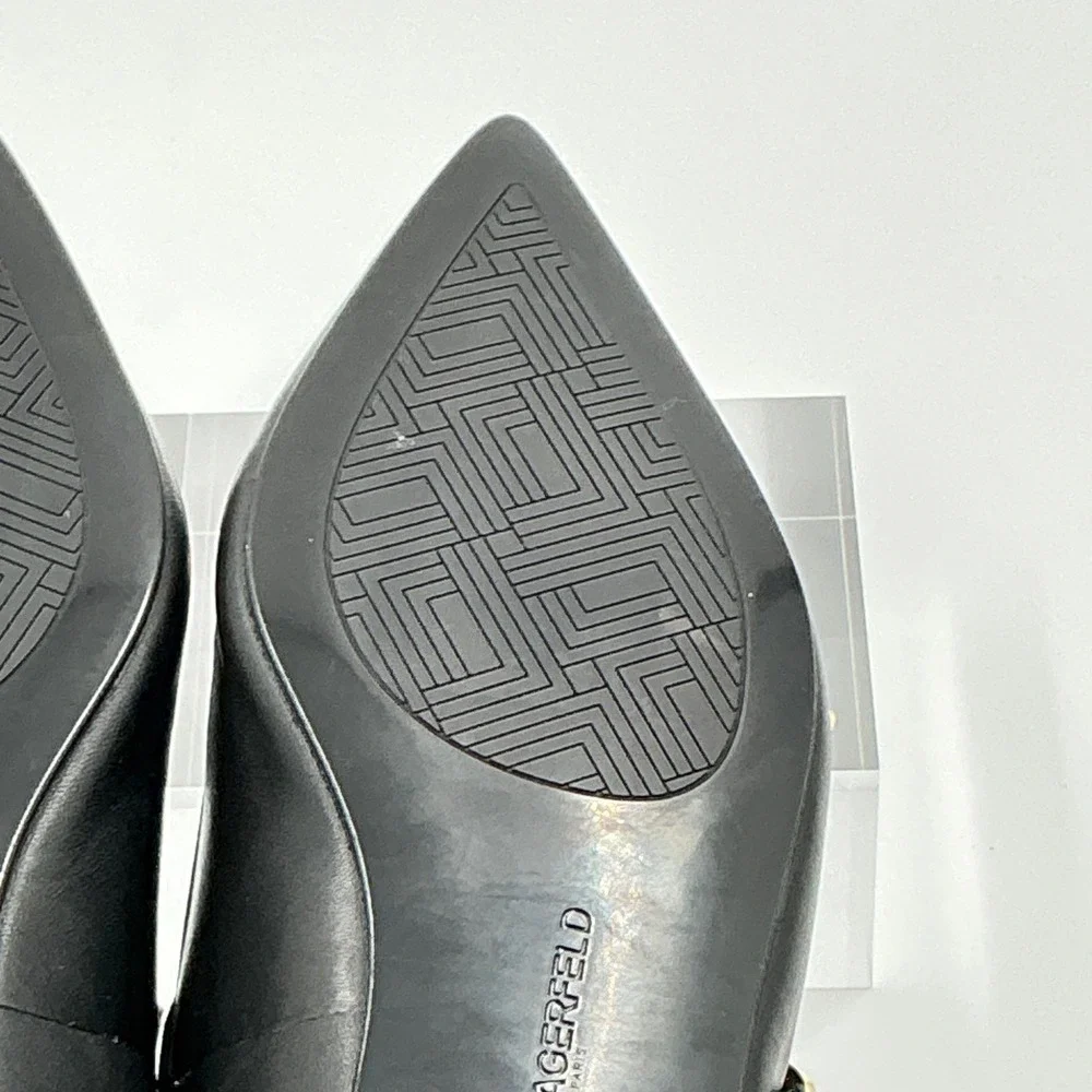 Karl Lagerfeld Paris Size 7 Black Leather Mary Jane Flats Gold Studs Veyda